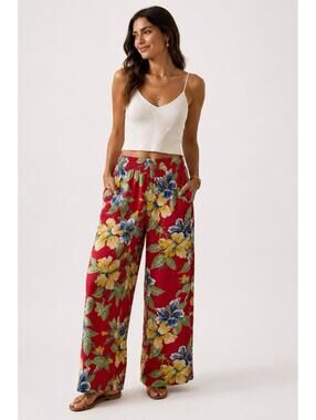 Polo Ralph Lauren Floral Tropical Wide Leg Pants Red Hibiscus Size 10